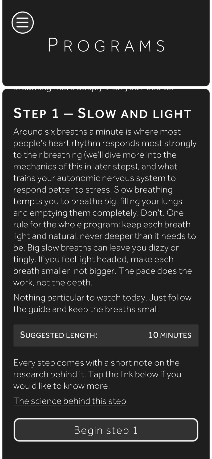 The Programs screen in the Yudemon app showing step 1, Slow and light: the focus text, the suggested length of 10 minutes, the link to the science behind the step, and the Begin step 1 button.