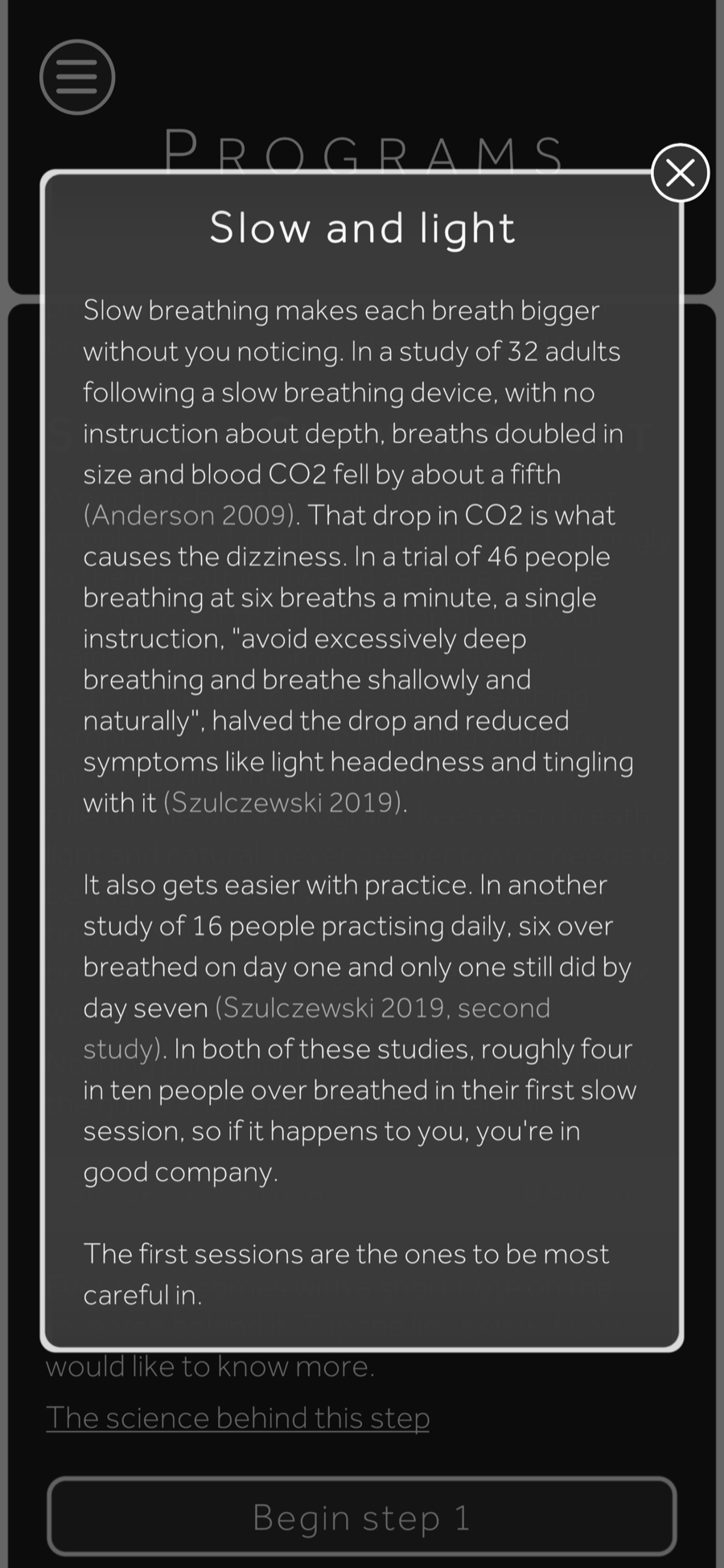 The science note for step 1 open as a popup over the Programs screen, citing Anderson 2009 and Szulczewski 2019 on over-breathing during slow breathing.
