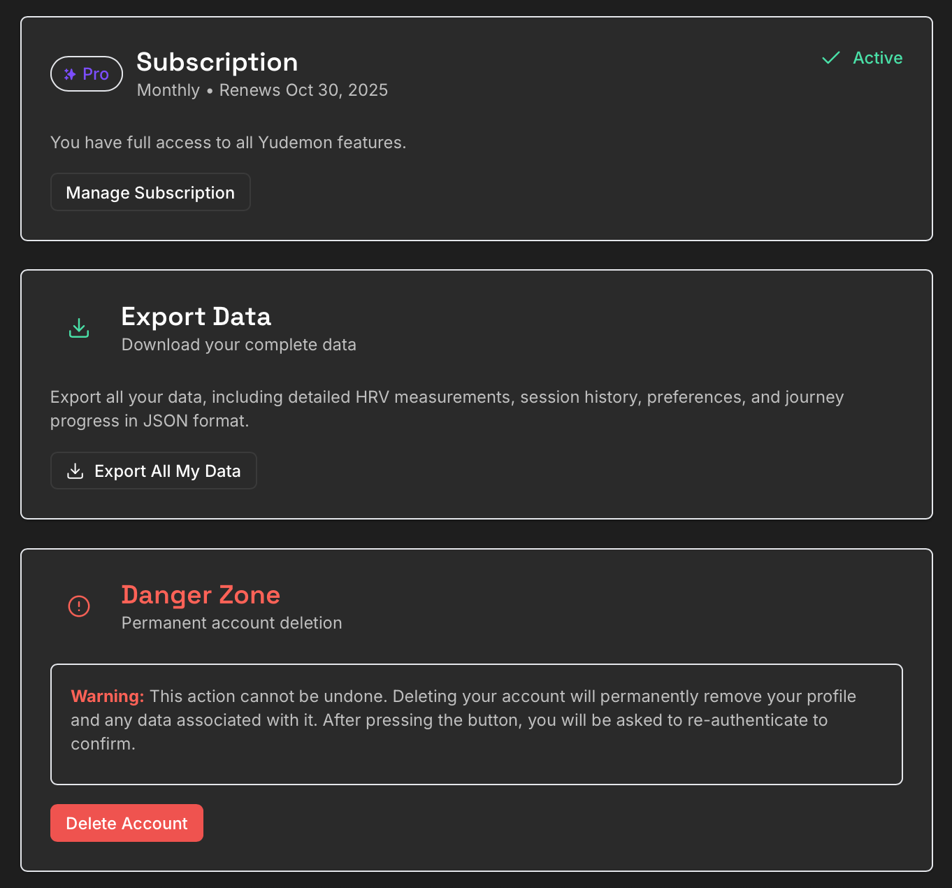 Subscription, Export, and Account Deletion sections