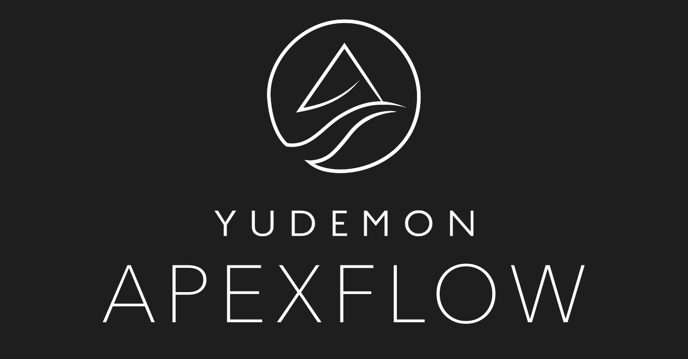 Yudemon ApexFlow logo – a circular mountain-and-wave emblem above the wordmark on a dark background