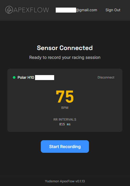 The desktop app after connecting to a bluetooth heart rate sensor.