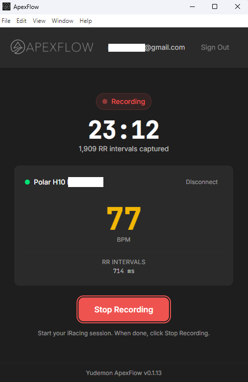 Recording in progress — the app tracks duration and captured RR intervals, while also monitoring your iRacing telemetry files.