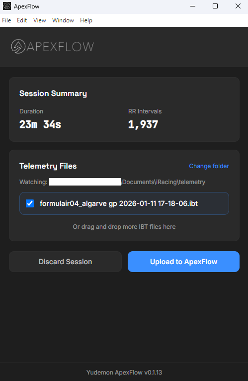 Session summary with auto-detected telemetry files ready for upload