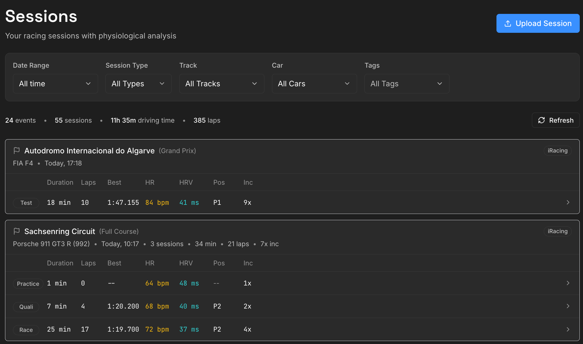 The Sessions page with filtering options and event grouping