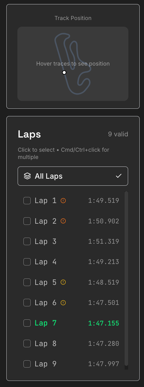 Lap selector showing lap times with incident indicators