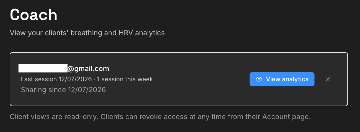 Coaches can see their roster of clients, and view each client’s sessions, analytics and insights.
