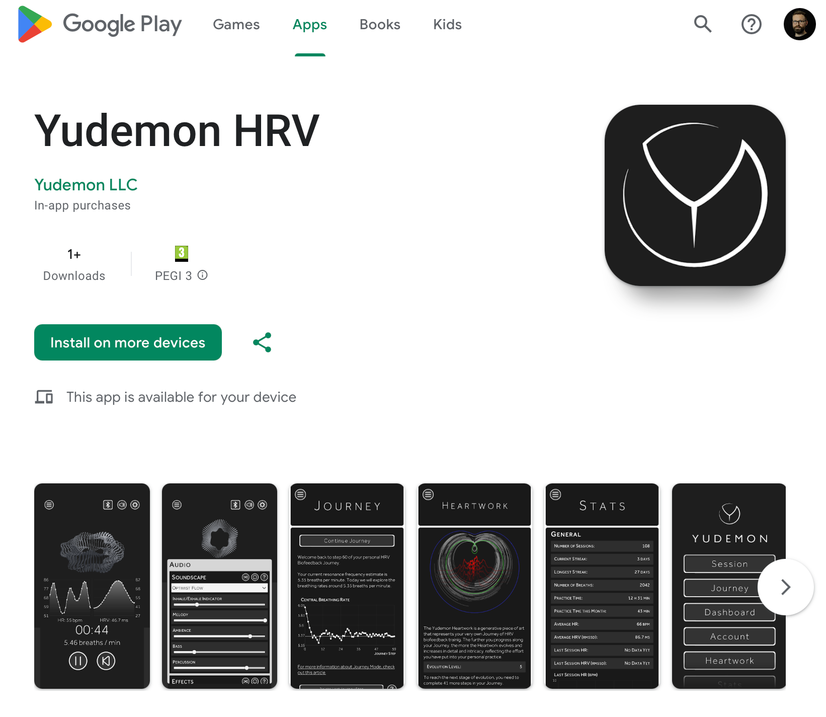 Yudemon HRV listing on the Google Play Store with app icon and screenshots of Journey, Heartwork, and Stats screens