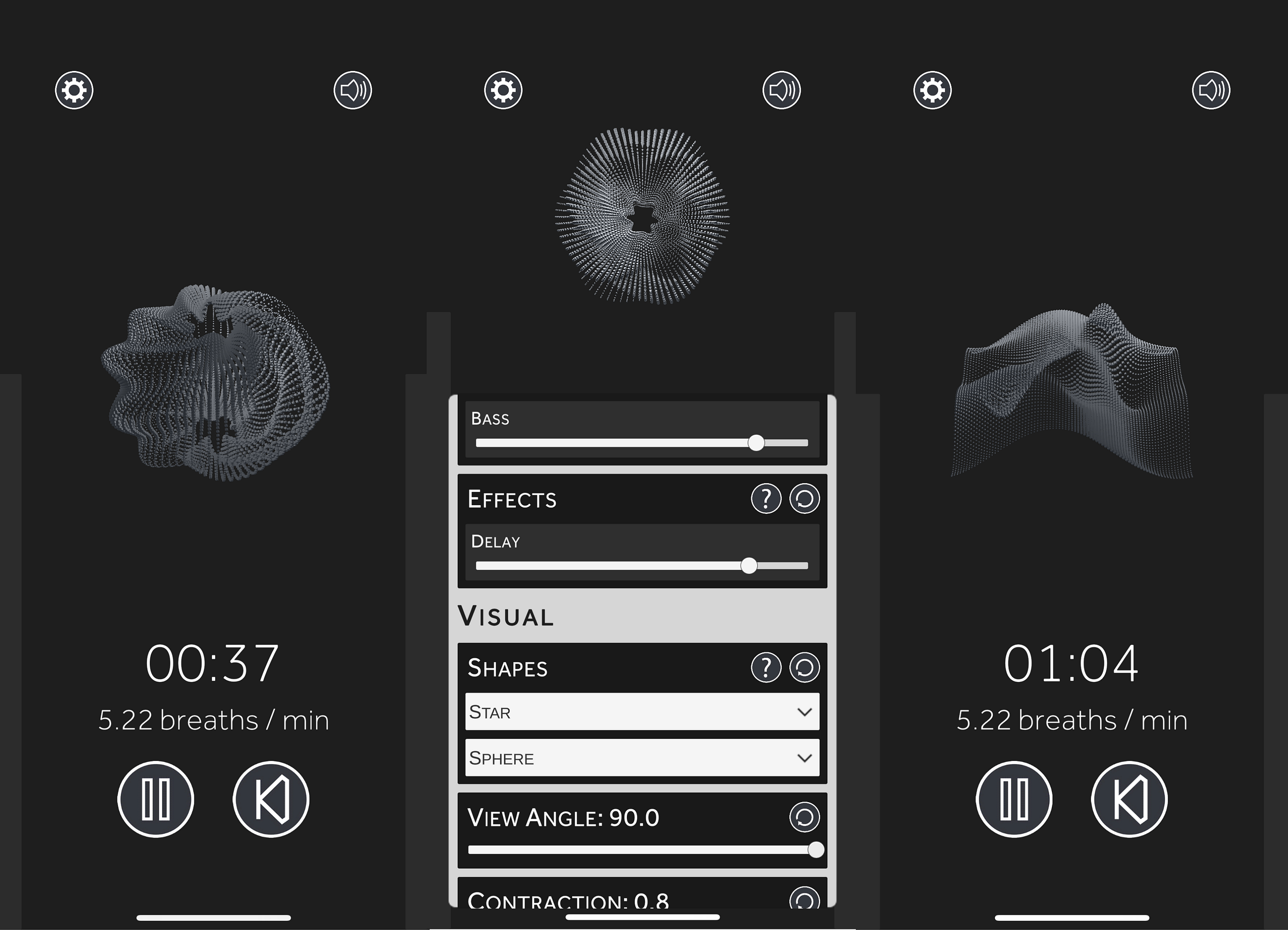 Three Yudemon HRV breath timer screens with particle visuals, breathing rate, session timer, and sound and visual settings