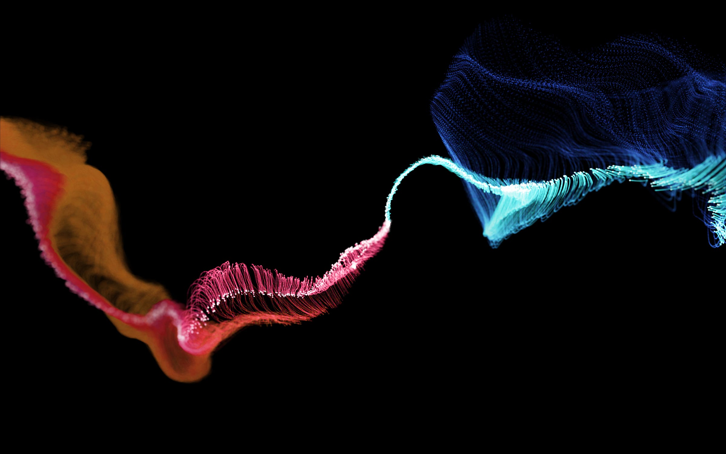 Abstract wave of glowing particle strands flowing from orange and pink into teal and blue on a black background